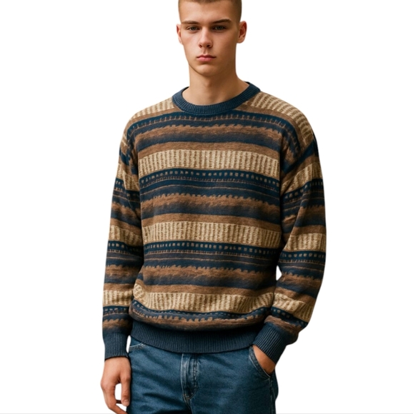 Vtg 3d Cosby Cotton Crewneck Textured Patterned Stripes Brown Neutral Sz L - Picture 6 of 12